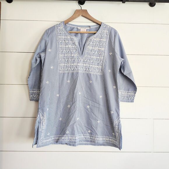 Gretchen Scott The Brooks Tunic Preppy Coastal Resortwear Blue Embroidered LARGE - Picture 2 of 11